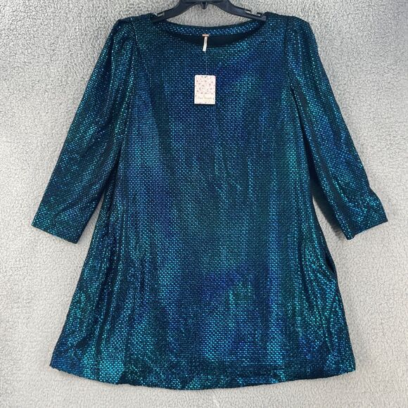Free People Dress Diamond Forever Flowy Tunic L Blue metallic Pocket Cocktail - Picture 10 of 12